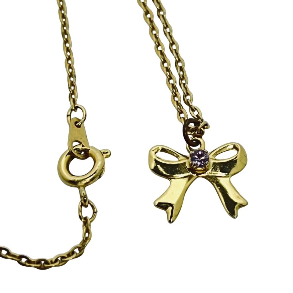 Gold Tone Cable Chain Necklace With Pink Rhinestone Bow Pendant (5702) - Picture 3 of 4